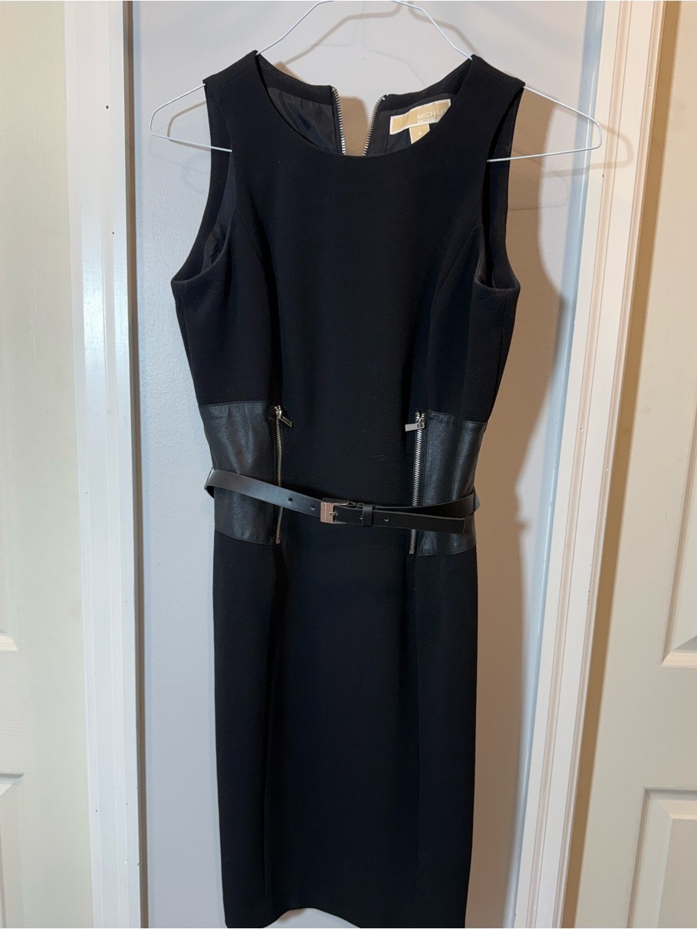 Michael Kors Black Sleeveless Sheath Dress with Leather Trim